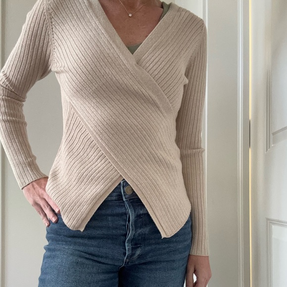 Shimmery Golden Ribbed Faux Wrap Sweater - Picture 4 of 9